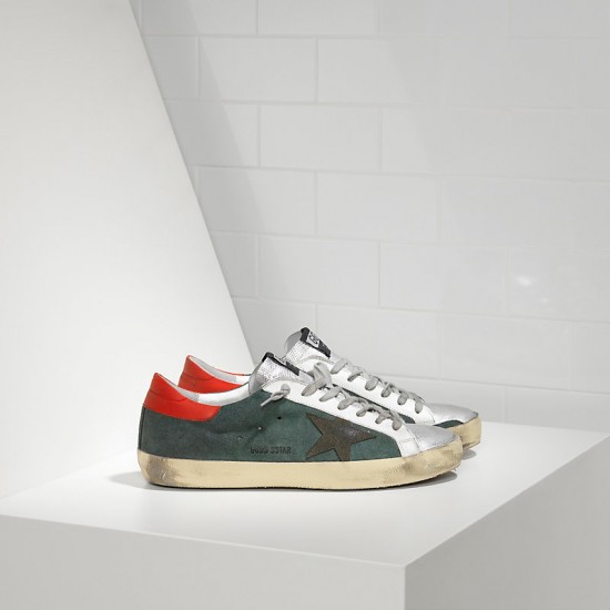 Men Golden Goose superstar in green suede red silver sneaker