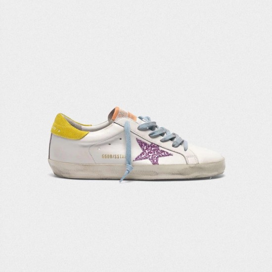 Women Golden Goose superstar with pink glittery star and yellow sneaker